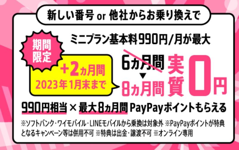 LINEMOのミニプラン半年無料キャンペーンは2022年9月に更に2か月無料期間が延長⇒最大8か月無料に！